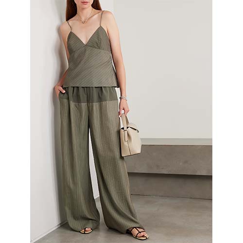 Set Cami Pinstripe Olive & Celana Wide-Leg